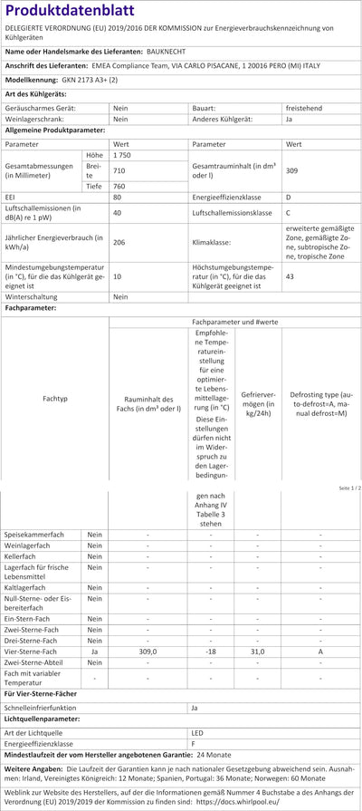 Bauknecht GKN 2173 A3+ Gefrierschrank Gefrieren: 310 L / No Frost / Supergefrierfunktion / EasyOpen Ventil / LED-Innenbeleuchtung / Elektronische Steuerung mit innenliegendem Bedienfeld,Weiß