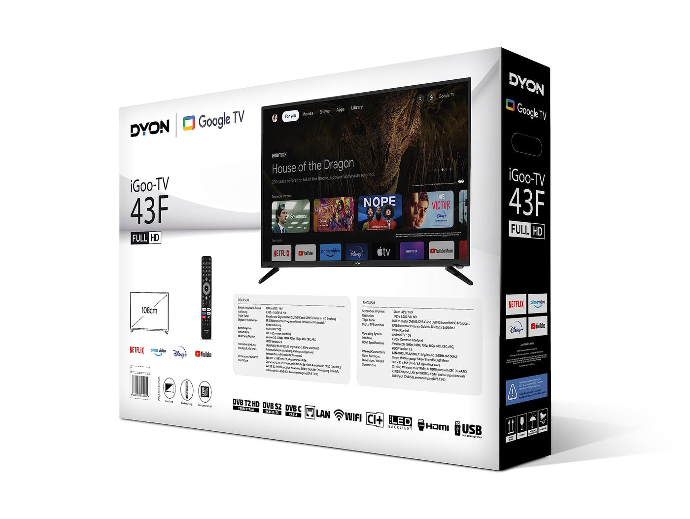 DYON iGoo-TV 43F 108cm (43 pouces) Google TV (Full HD, triple tuner HD, Prime Video, Netflix, Google Play Store pour DAZN, Disney+, Apple TV+, Paramount+, waipu.tv et bien plus, Google Assistant) [Mod. [2023]