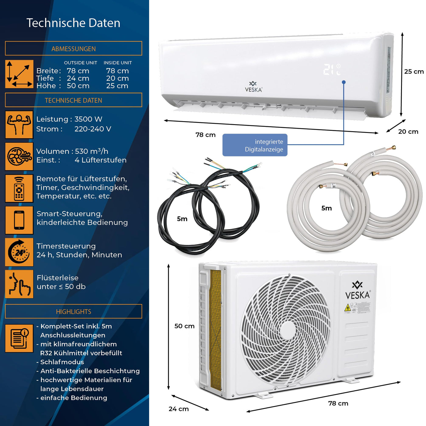 Klimaanlage Set Split - mit WiFi/App Funktion Klimagerät - Kühlen A++/ Heizen A+ 12000 BTU/h (3.500 Watt) Kältemittel R32 - Fernbedienung, Timerfunktion - inkl. Montagematerial (VSK-12000BTU)