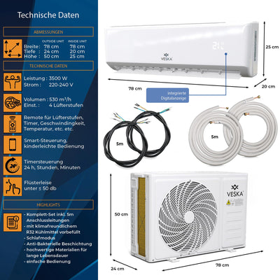 Klimaanlage Set Split - mit WiFi/App Funktion Klimagerät - Kühlen A++/ Heizen A+ 12000 BTU/h (3.500 Watt) Kältemittel R32 - Fernbedienung, Timerfunktion - inkl. Montagematerial (VSK-12000BTU)