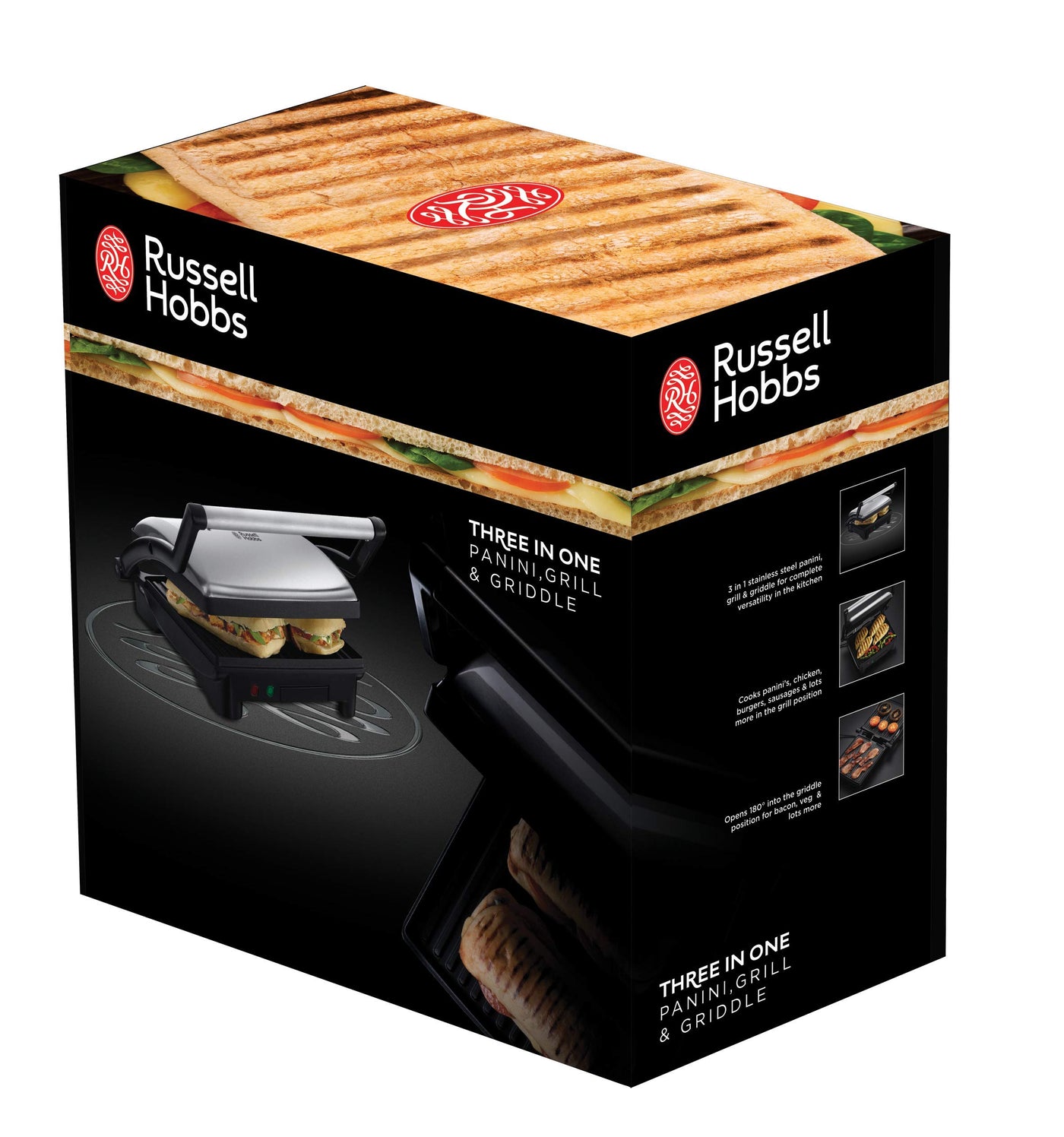 Russell Hobbs Kontaktgrill [3-in-1: Tischgrill - geöffnete Grillplatten | Panini & Sandwich Maker | Kontakt- Grill - gleichzeitig von beiden Seiten] Edelstahl, antihaftbeschichtete Platten, 17888-56