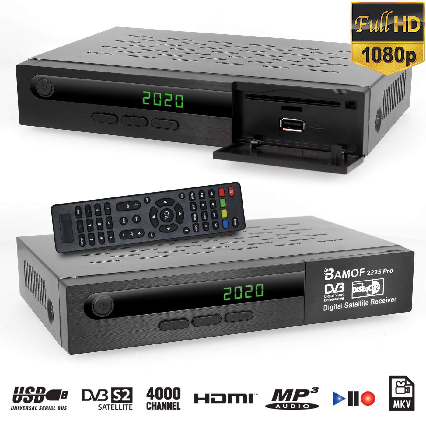 Récepteur satellite numérique Bamof 2225 PRO (HDTV, DVB-S/DVB-S2, HDMI, SCART, 2X USB, Full HD 1080p) [Préprogrammé pour Astra, Hotbird et Türksat] + câble HDMI