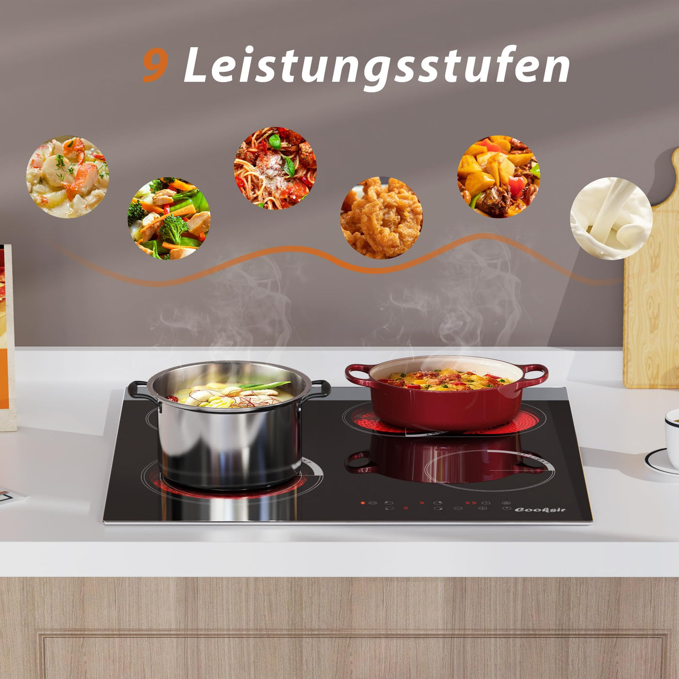 Cooksir Glaskeramikkochfeld mit Rahmen, Einbau 4 Kochfelder, Duale und Ovale Zonen fur Gril, Kochfeld Autark 59cm, 6700W, Sicherheitsschloss, Kein Stecker