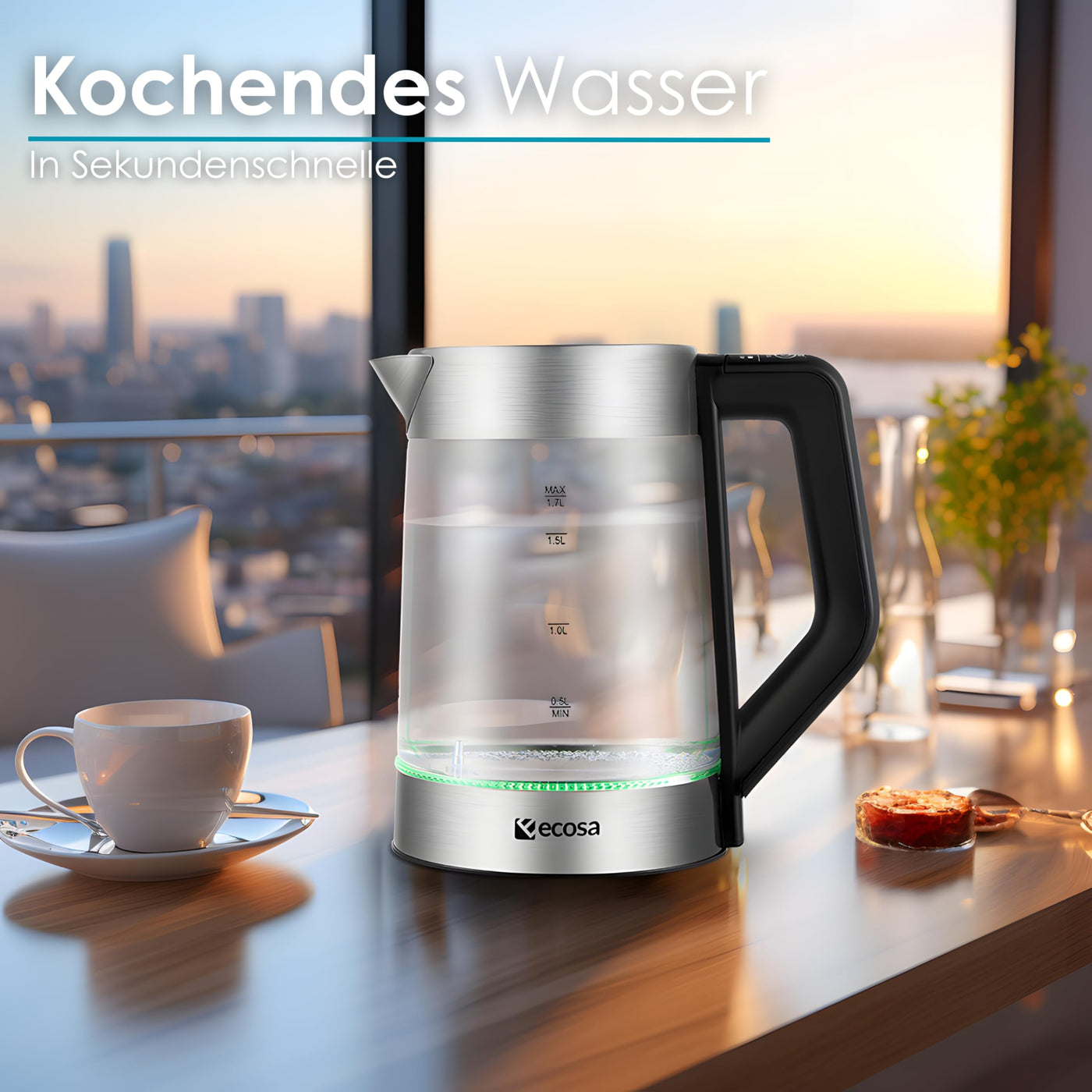 Glas Wasserkocher 1,7 Liter | 2200 Watt | Edelstahl mit Temperaturwahl | Teekocher | 100% BPA FREI | Warmhaltefunktion | LED Beleuchtung im Farbwechsel | Temperatureinstellung (50°C-100°C)