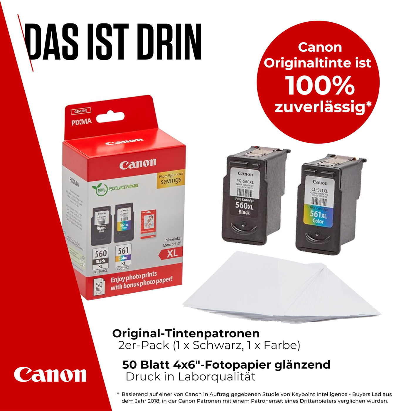 Canon Tinte & Papier Multipack - PG-560XL/CL-561XL Original Tintenpatronen 2er Pack (1 x Schwarz XL, 1 x Farbe XL) & 4x6 Fotopapier (50 x Blatt) - Kompatibel PIXMA Druckern