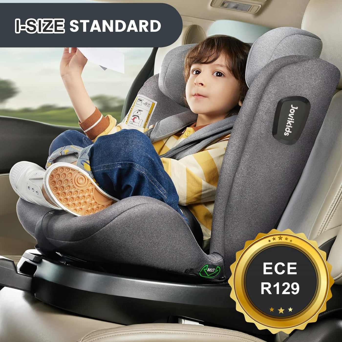 Jovikids 360° Drehbar Kindersitz mit ISOFIX, i-Size 40-150cm(ab Geburt -12 Jahre) Baby Autositz Reboarder mit Liegefunktion & Abnehmbar Vordach, ECE R129 (grau)