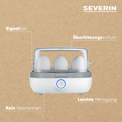 SEVERIN Eierkocher für 6 Eier, inkl. Messbecher mit Eierstecher, Eier Kocher mit Signalton nach Ende der Kochzeit, weiß/grau, ca. 420 W, EK 3164