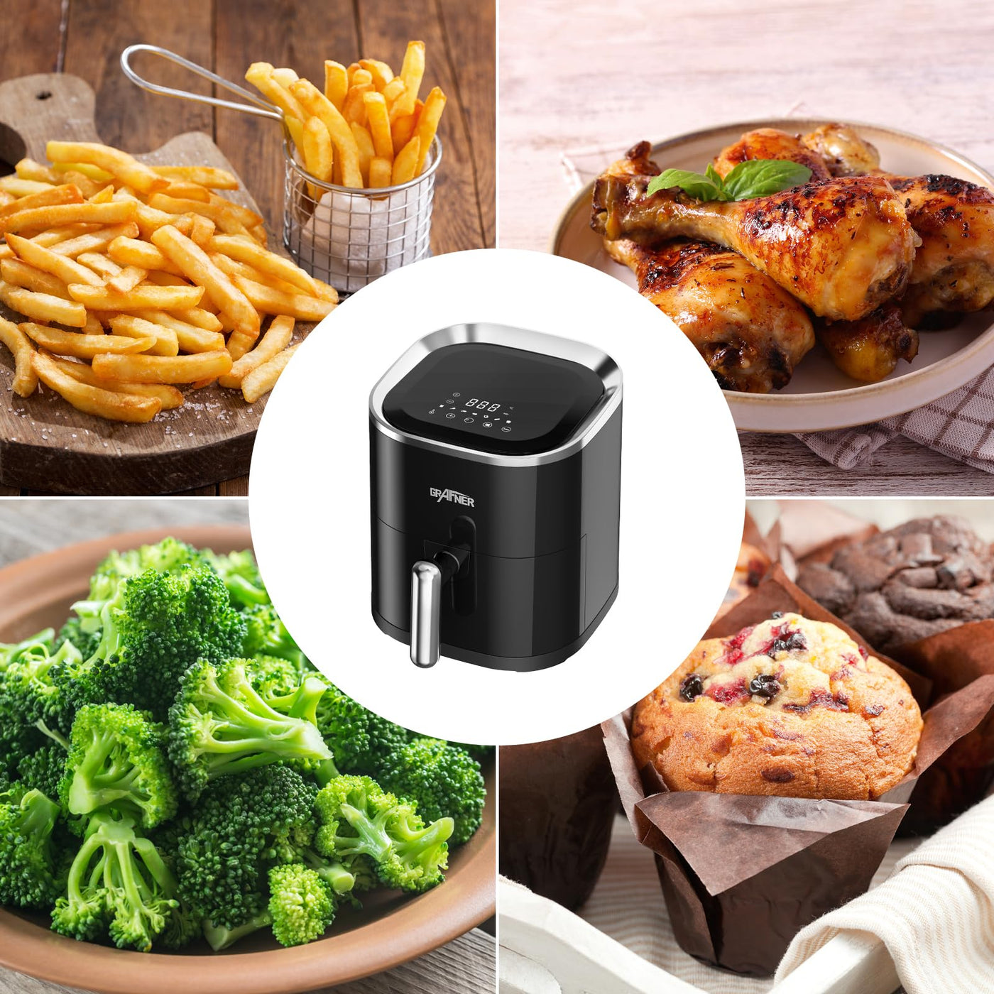 Grafner XL Digitale Heißluftfritteuse, 3,6 Liter, 1200 Watt, LED-Touchscreen, 7 Programme, 360° Gar-System, Timer, Antihaft-Beschichtung, Fritteuse ohne Fett, Airfryer ölfrei Heissluftfritteuse