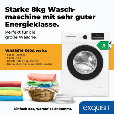 Exquisit Waschmaschine 8kg, Energieeffizienzklasse A, max. 1400 U/Min, Schnellprogramm, Startzeitvorwahl (3-24 Std.), Kindersicherung, Aquastop, ECO, 16 Waschprogramme, WA58014-340A weiss