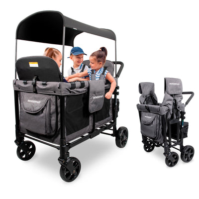 WONDERFOLD W4 4-Sitzer-Multifunktions-Quad-Kinderwagen mit abnehmbaren erhöhten Sitzen und verschiebbarem Verdeck, Grau