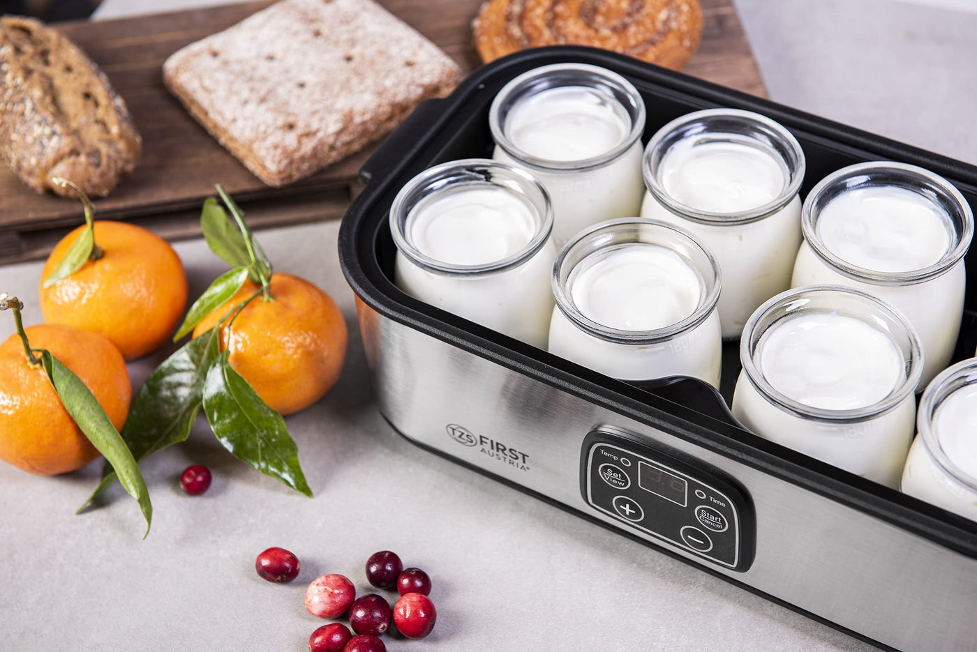 TZS First Austria elektischer Joghurtbereiter, Joghurt Maker, 30 W, 8 Gläser, 190 ml, LCD-Display, Temperatureinstellung, Timer- und Auto-Stop-Funktion, weiß/grau