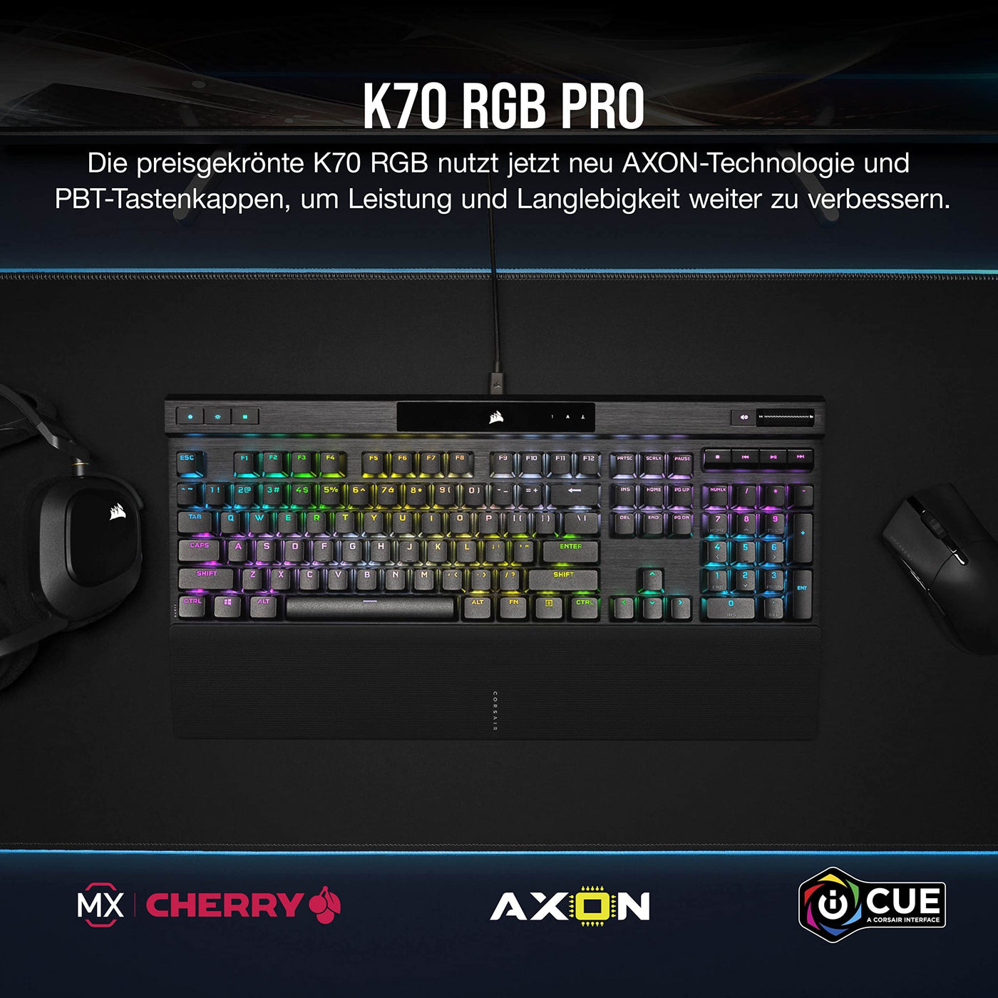 CORSAIR K70 RGB PRO Mechanische Kabelgebundene Gaming-Tastatur - CHERRY MX RED Linear Switches - PBT Double-Shot Keycaps - iCUE-Kompatibel - QWERTZ DE - PC, Mac, Xbox - Schwarz