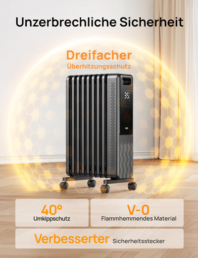 Dreo Ölradiator Energiesparend 2000W, Mobile Elektroheizung 9 Rippen mit Fernbedienung, 3 Heizstufen, 4 Modus, 24h Timer, Überhitzungs-Kippschutz, Radiatoren Elektrisch Heizung mit Thermostat, OH310