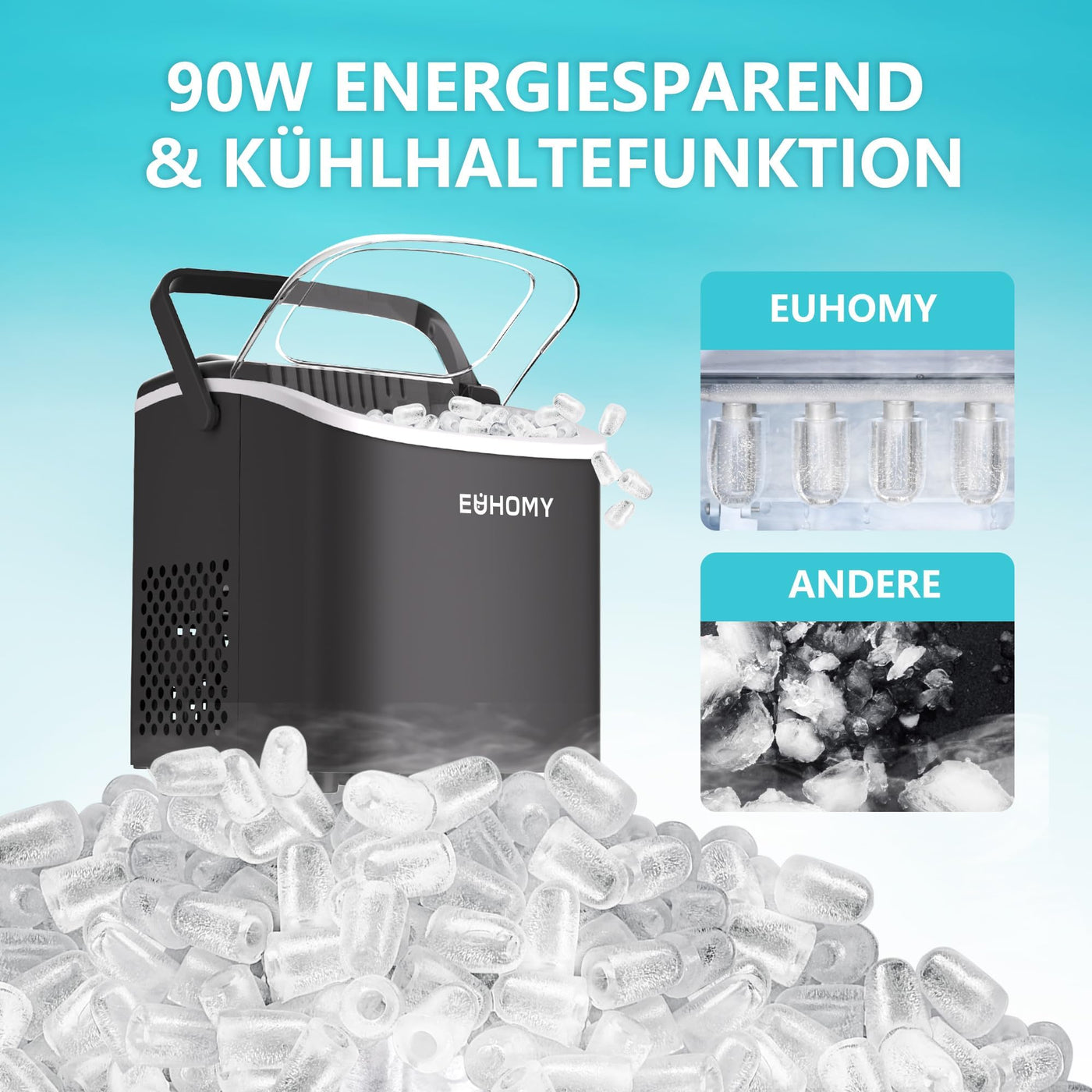 EUHOMY Eiswürfelmaschine Klein, 12KG Eiswürfelbereiter Ice Maker, 9 Würfel in 6 Minuten fertig, Schwarz Eiswürfelmaschine mit Tragbarem Griff, 12KG/24H, Selbstreinigendes Eiswürfelmaschinen