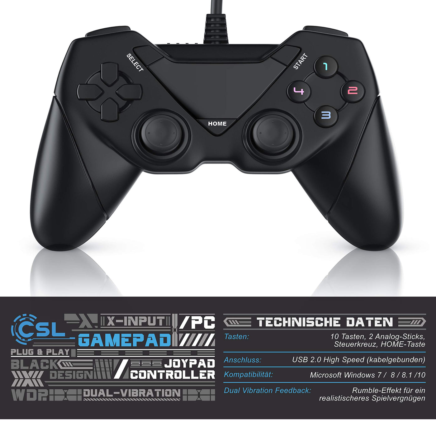 CSL - Gamepad für PC und Android - Dual Vibration - Plug and Play - Controller mit Direct-Input X-Input - schwarz