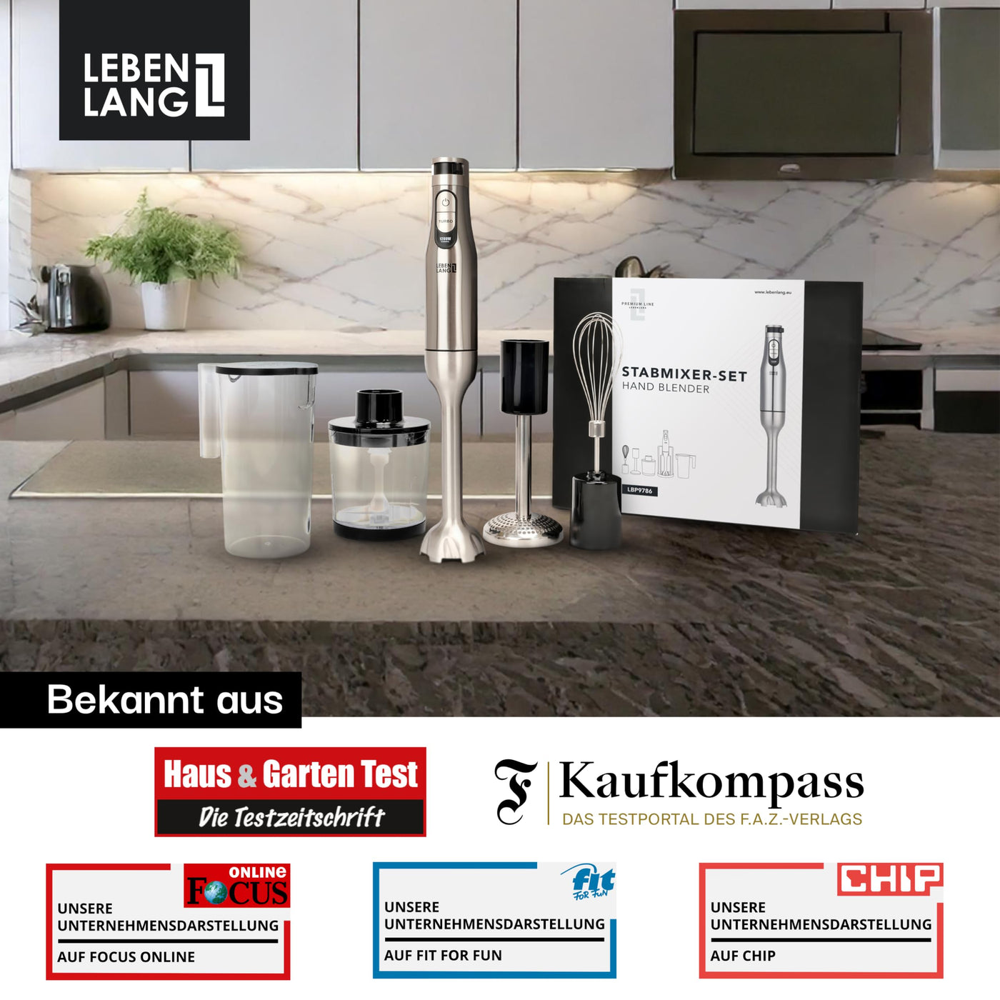 LEBENLANG Premium 1200W Stabmixer Set - Inkl. 5x Zubehör & Spritzschutz I Stufenlos verstellbar & Turbo I Elektrische Hand Blender Pürierstab Edelstahl Zauberstab Mixer Mixstab Purierstabmixer Stab