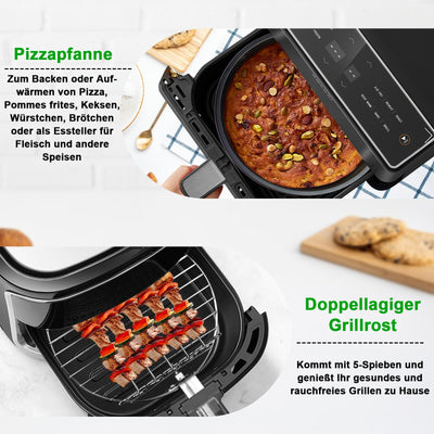 YINGRACE 23CM Heißluftfritteuse Zubehör XXL für COSORI 6,4L, 6,2L, 6L, Russell Hobbs 8L, 4PCS Airfryer Zubehör mit Grillroste Pizzapfanne Backpapier Silikonform für Heißluftfritteuse