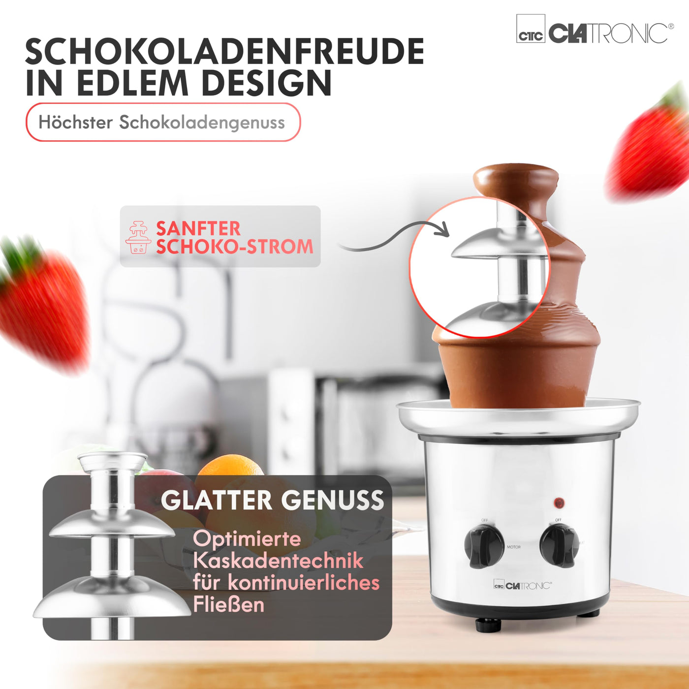 Clatronic® Schokobrunnen mit exzellentem Schokofluss | für Früchte und Gebäck I Schokoladenbrunnen leicht zu reinigen | Schokobrunnen mit Schmelzfunktion I Schokoladenbrunnen klein I SKB 3248