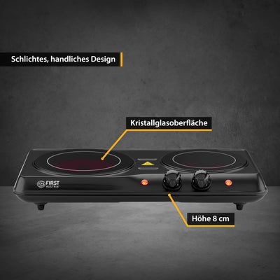 TZS First Austria Infrarot Keramik-Herdplatte doppelt | ALLE Topfarten | Doppelkochplatte 19cm / 16,5cm | Kochfeld für Umzug, Camping, Ferienwohnung - schnelles Aufheizen & stufenlose Einstellung