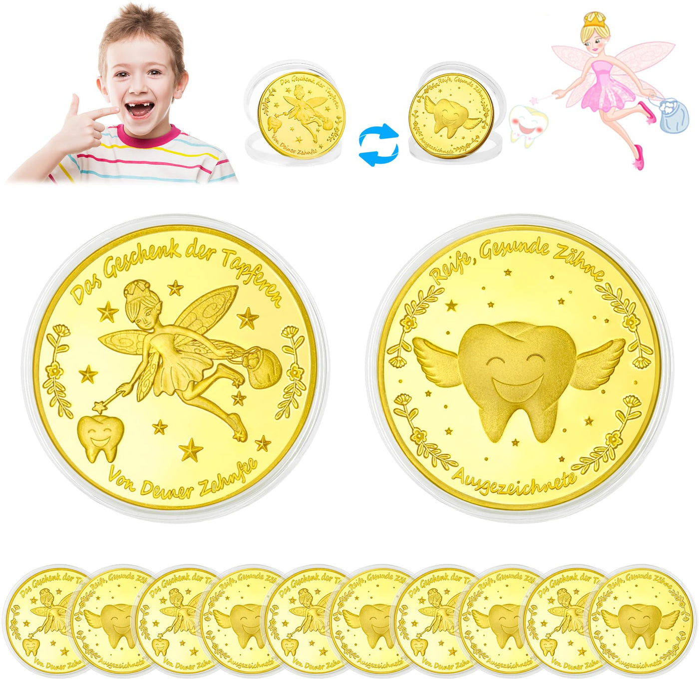 VEEKAY Zahnfee Münzen,10 Stück Zahnfee Goldtaler,Tooth Fairy Coins,Zahnfee Geschenk,Goldmünzen Kinder,Verlorenen Zahn Kinder Geschenke Souvenir,Gedenkmünze,Zahnfee Geschenke Ideen für Mädchen Junge