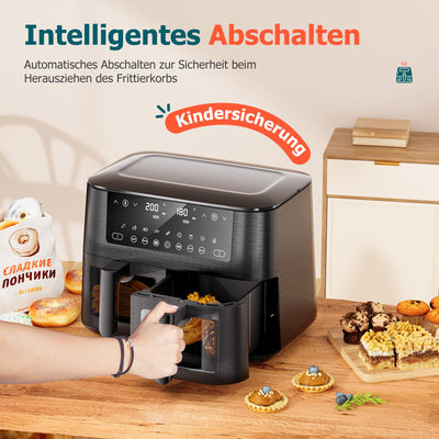 Dual Zone Heißluftfritteuse mit Sichtfenster, 9L XL Kapazität Doppel-Airfryer, 2 Schubladen, 9-in-1 Kochvorgaben, Touchscreen, Smart und Timer-Funktion, Gesunde Friteuse ohne Öl und fettarmes Kochen