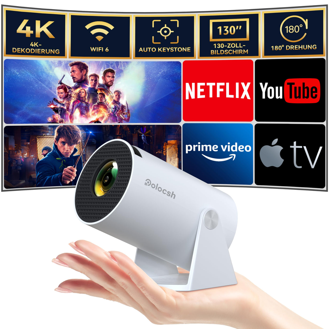 Polocsh Beamer, Mini Beamer mit WiFi6 und BT 5.2, Projektor Full HD 720P, Automatische Trapezkorrektur, 180-Grad-Winkel, 130-Zoll Projector mit Android OS 11.0 für Phone/PC/PS5/Xbox, Weiß