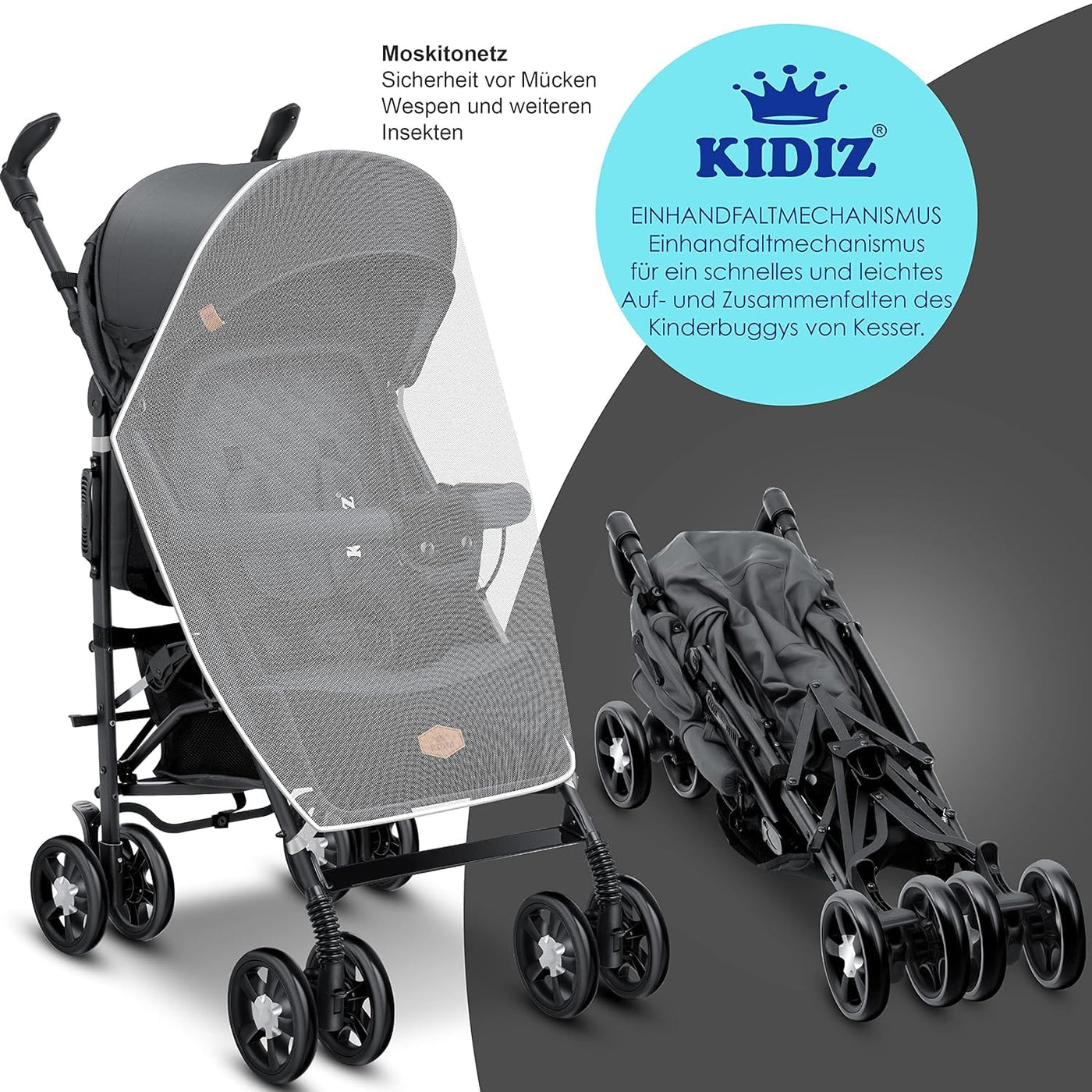 KIDIZ® Kinderwagen City-Pro Buggy Kinderbuggy klappbar Liegebuggy Sportwagen Faltbar 360° 6-Zoll-Rädern Inkl. Moskitonetz, Fußsack und Regenverdeck zusammenklappbar Schlaffunktion Anthrazit