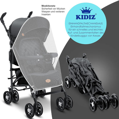 KIDIZ® Kinderwagen City-Pro Buggy Kinderbuggy klappbar Liegebuggy Sportwagen Faltbar 360° 6-Zoll-Rädern Inkl. Moskitonetz, Fußsack und Regenverdeck zusammenklappbar Schlaffunktion Anthrazit