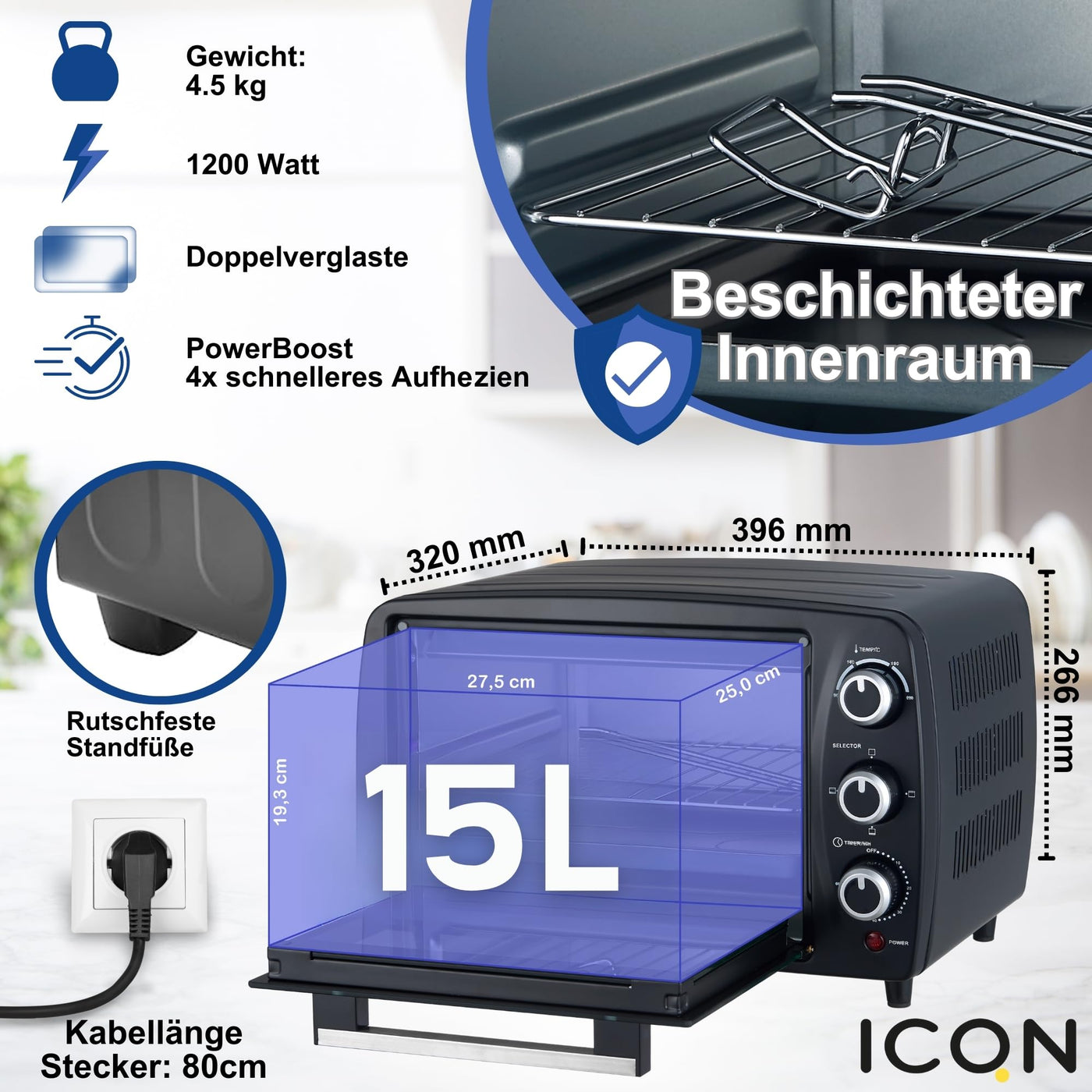 ICQN Kompakter Minibackofen 15 Liter, 1200W, 60 min-Timer, 3 Kochfuntionen, 90°-230°C, Kleiner Camping Ofen, Anthrazit, 2-Jahre Garantie