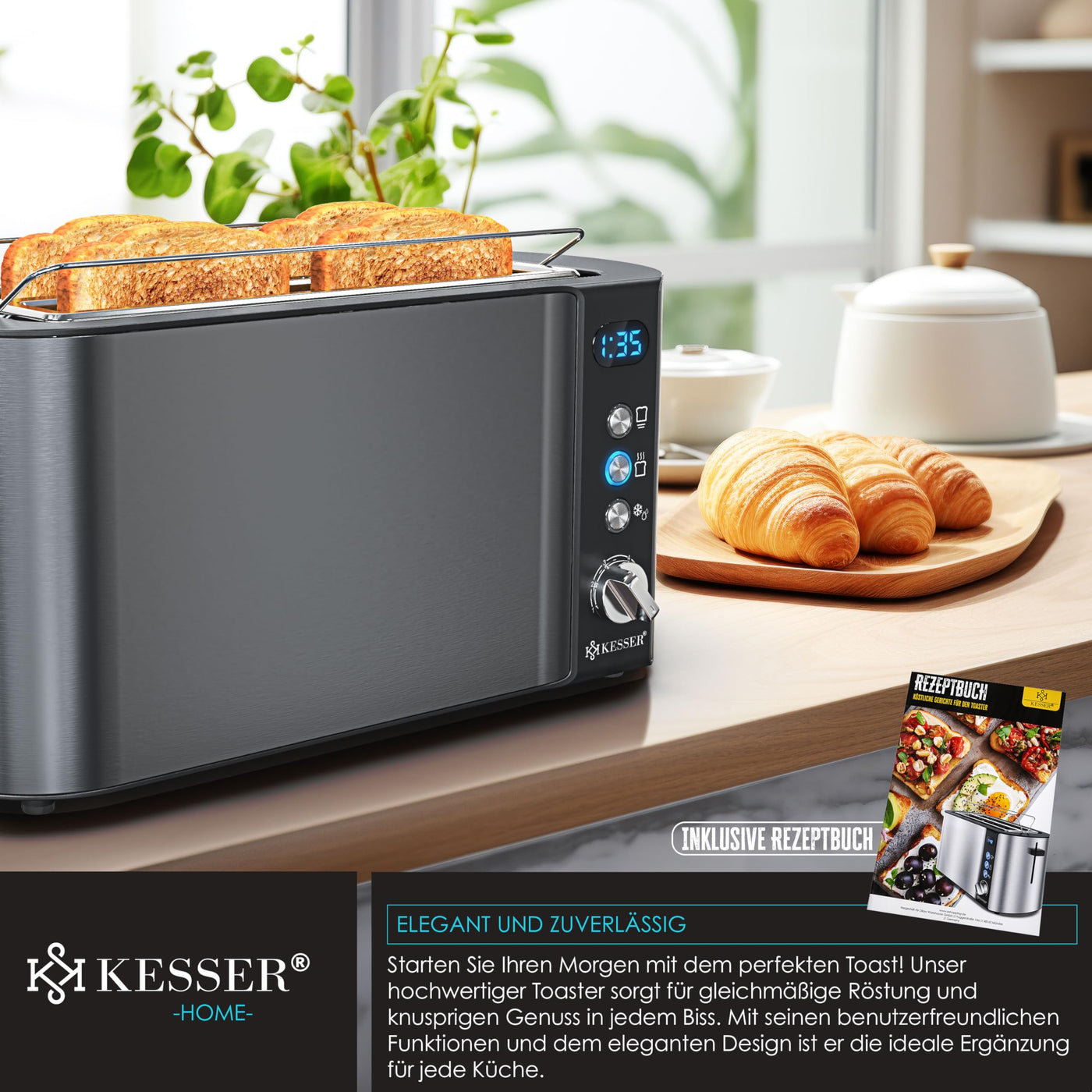 KESSER® Toaster mit Brötchenaufsatz, Automatik-Langschlitztoaster mit 6 Bräunungsstufen + Auftau- & Aufwärmefunktion, Abschaltautomatik, Liftfunktion, inkl. Krümelblech und Rezeptbuch Anthrazit