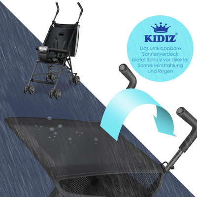 KIDIZ® Kinderwagen CITY Buggy Kinderbuggy klappbar Sportwagen Faltbar 360° 4-Zoll-Räder Inkl. Sonnen- und Regenverdeck zusammenklappbar 5-Punkt-Sicherheitsgurt ab 6 Monate, Schwarz