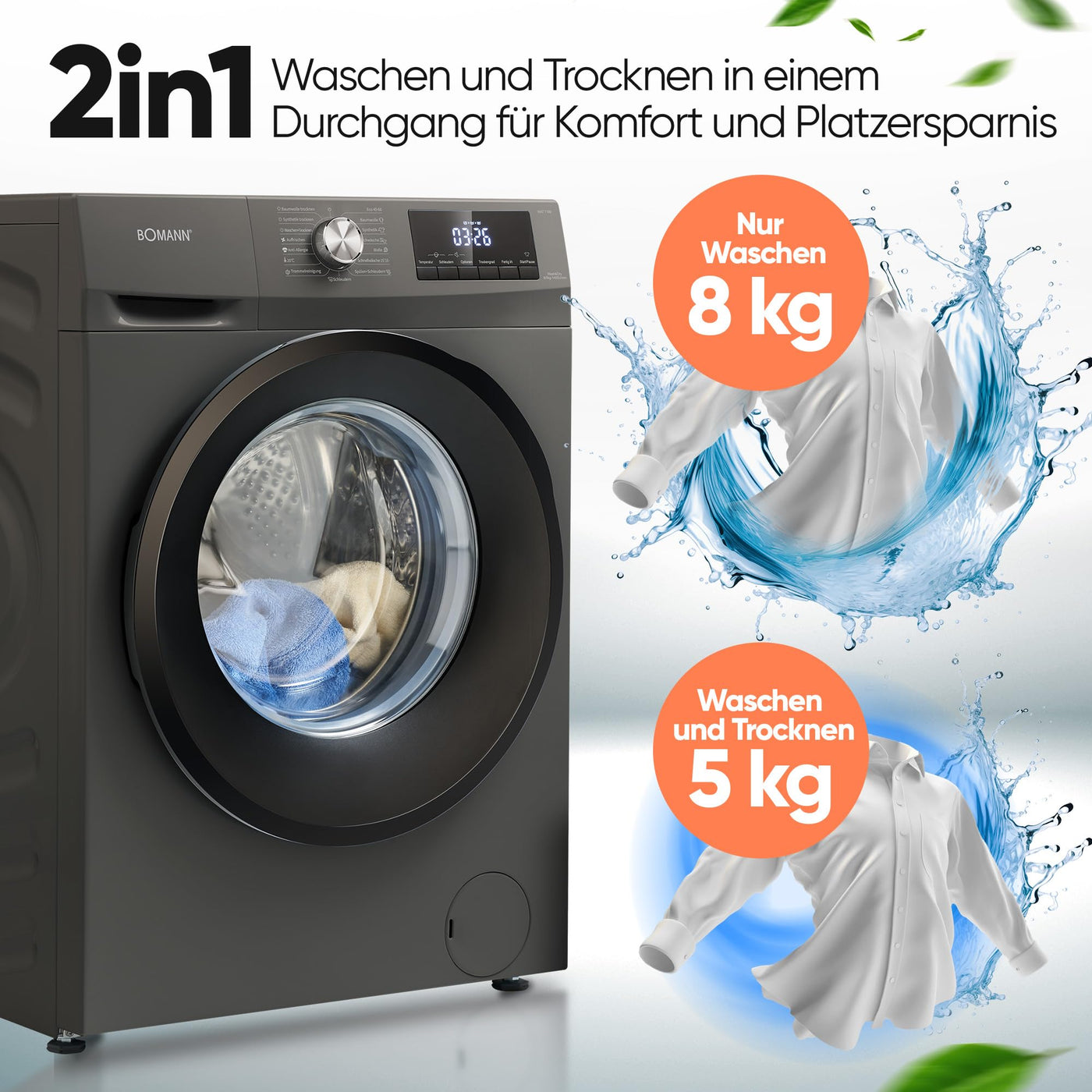 Bomann® Waschtrockner | Waschen und Trocknen in einem Durchgang | 8 kg Waschen, 5 kg Trocknen | Invertermotor | 1400 U/Min | Dampffunktion | Waschmaschine mit Trockner integriert | WAT 7186 titan