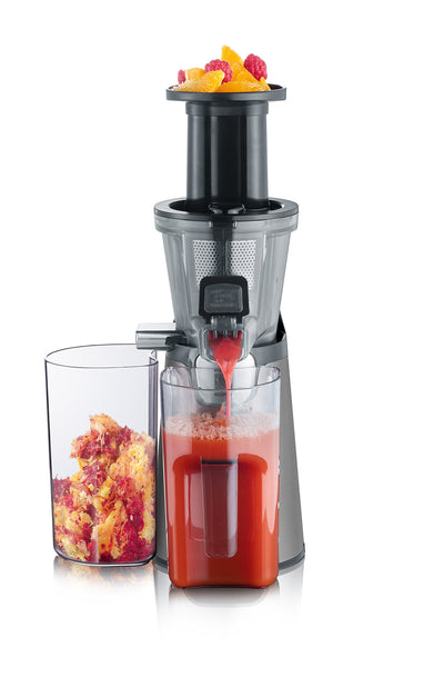 SEVERIN Slow Juicer – Entsafter für Saft, Sorbet, Eis, Marmelade uvm., elektrische Saftpresse aus Edelstahl, einfache Reinigung dank Easy-Clean Konzept, 1L Auffangbehälter, 150 Watt, ES 3571