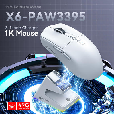 ATTACK SHARK X6 49g Superlight Maus mit magnetischer Ladestation, PixArt PAW3395 Gaming-Sensor, BT/2,4G kabellose/kabelgebundene Gaming-Maus, 26000 DPI, X3 verbesserte Office-Mäuse für Win11 (weiß)