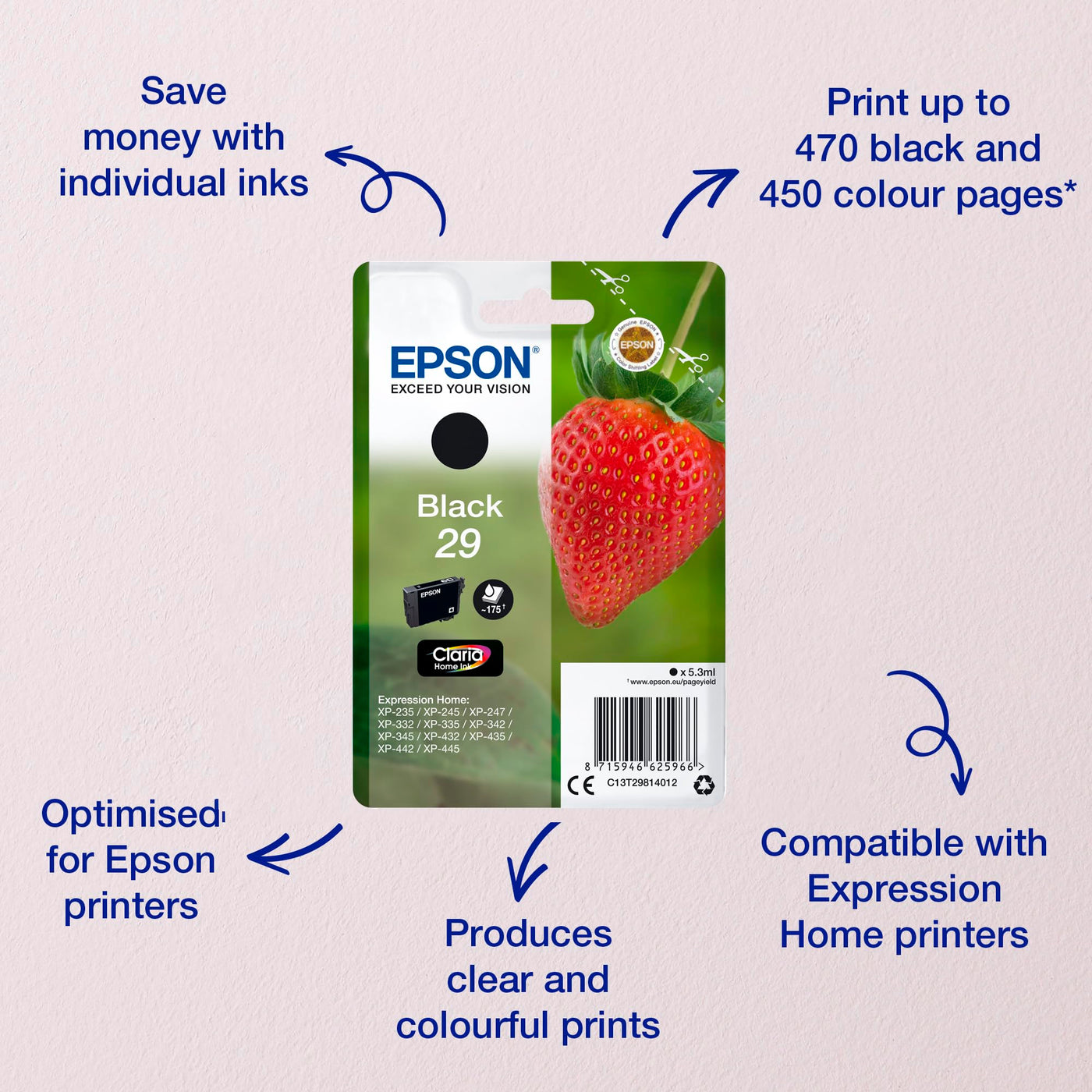 Epson 235M206 Original 29 Tinte Erdbeere, XP-235 XP-332XP-335XP-432XP-435XP-245XP-342XP-345XP-442XP-445XP-247XP-257XP-255XP-352XP-355XP-452XP-455,(schwarz) , 1er Pack