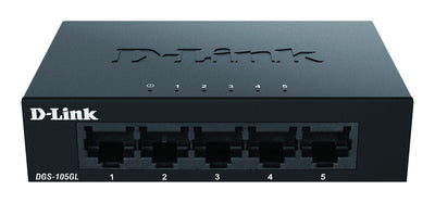 D-Link DGS-105GL 5-Port Unmanaged Gigabit Switch (ohne Lüfter, Metallgehäuse, Desktop, Plug-and-Play, QoS, 802.3az EEE), Black