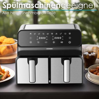 Heißluftfritteuse | 2 Kammern | Heissluftfritteuse | 4 in 1 Mini Backofen | Fritteuse | Dörrautomat | Grillen Backen Dörren Frittieren | Friteuse ohne Öl | Air Fryer | Heißluftofen | Heißluftgrill