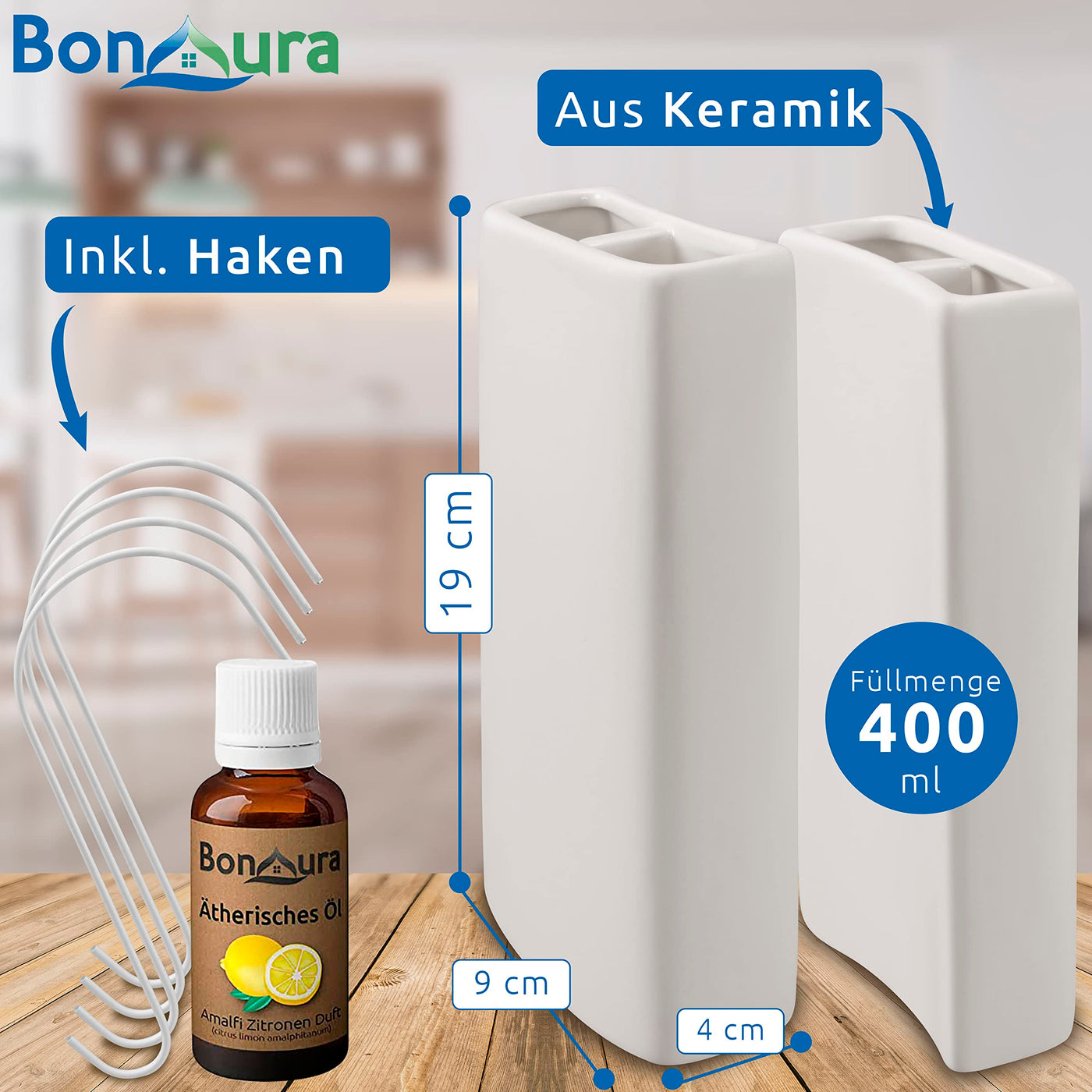 BonAura® Luftbefeuchter Heizung Keramik I Haken & Duftöl [4er Spar-Set, 400ml] I Wasserverdunster für Heizkörper mit Duft I Verdunster & Befeuchter Wasser Behälter