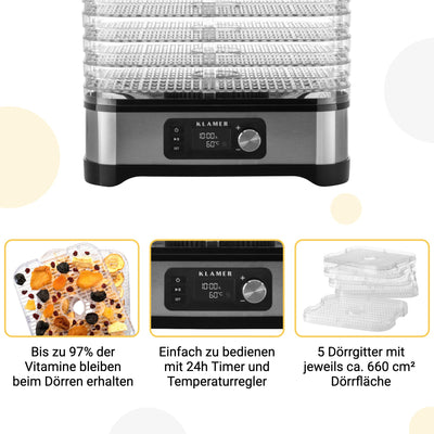 KLAMER Dörrautomat 400W, 24h-Timer und 35-70°C Temperaturregler, 5 höhenverstellbare Einlegefächer, Trockner mit Edelstahlverkleidung, BPA frei