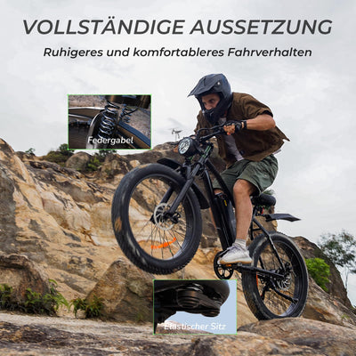 Elektrofahrrad mit 26 x 4.0 Fat Tire für Erwachsene 25km/h 250W Motor,48V 13Ah herausnehmbare Batterie Mountain Ebike Max 100 KM Reichweite,7 Gang Schaltung, Dual Crown Gabel M10 Plus Elektrofahrräder