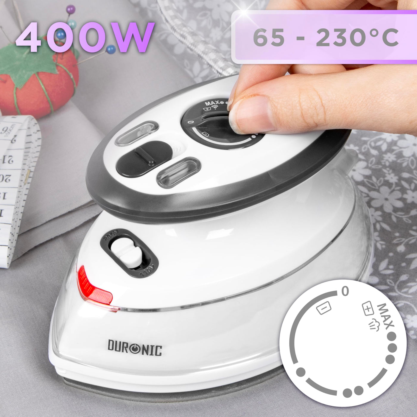 Duronic SI3 WE Mini Reisebügeleisen, 400W Mini Bügeleisen, Dampfbügeleisen 35ml Wassertank, kleines Reisebügeleisen dampf, Handbügeleisen Keramikfläche, für Kleidung nähen, 2 Betriebsspannungen