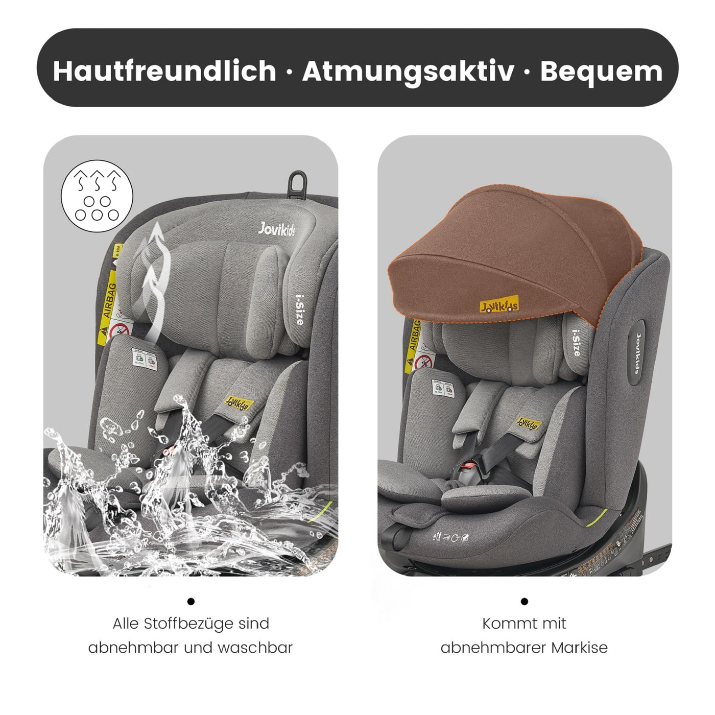 Jovikids 360° Drehbar Kindersitz mit ISOFIX, i-Size 40-150cm(ab Geburt -12 Jahre) Baby Autositz Reboarder mit Liegefunktion & Abnehmbar Vordach, ECE R129 (grau)