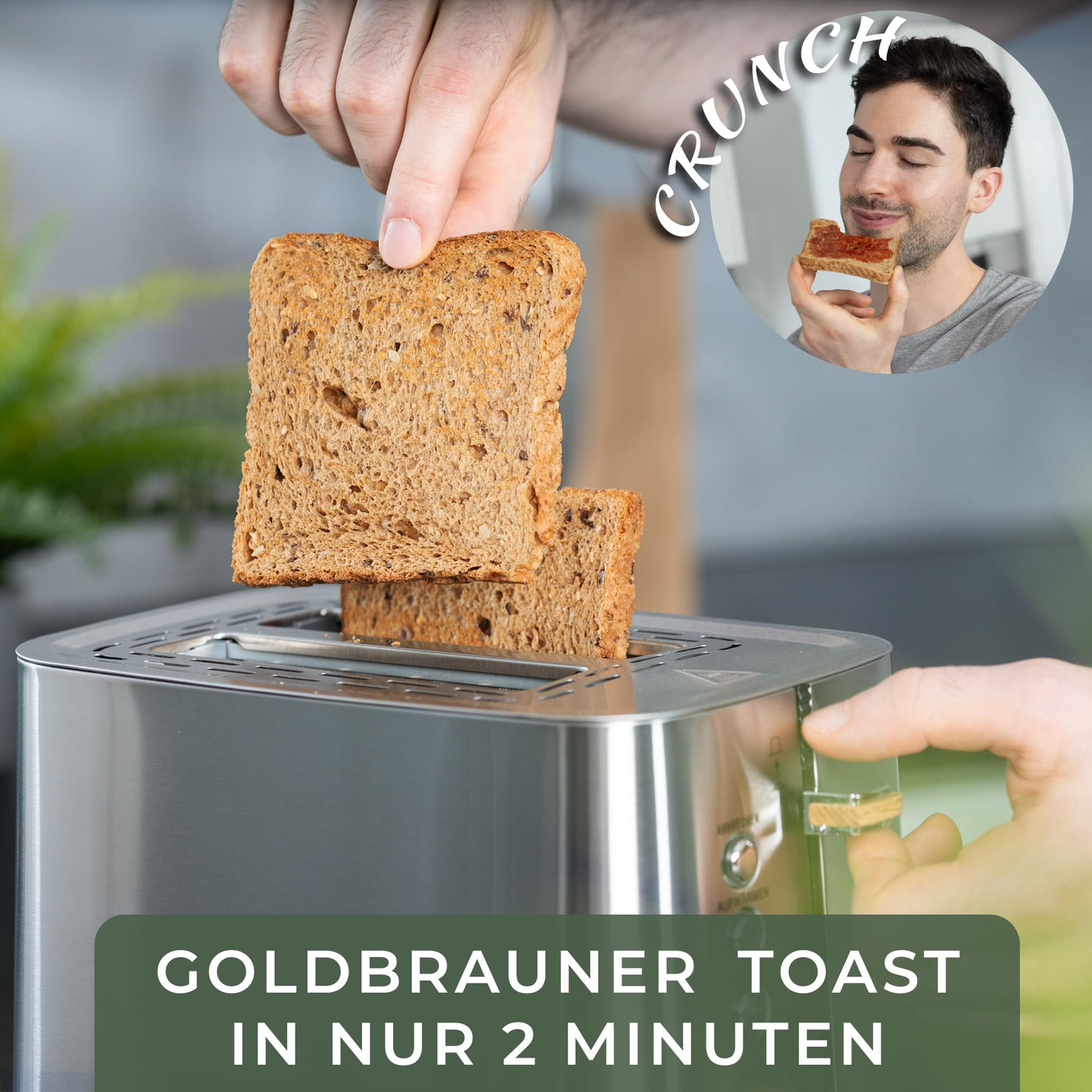 WALDWERK Design Toaster - aus 304 Edelstahl und Eichenholz - für 2 Scheiben - mit Brötchenaufsatz - mit extra breiten und tiefen Toastkammern - mit Krümelschublade