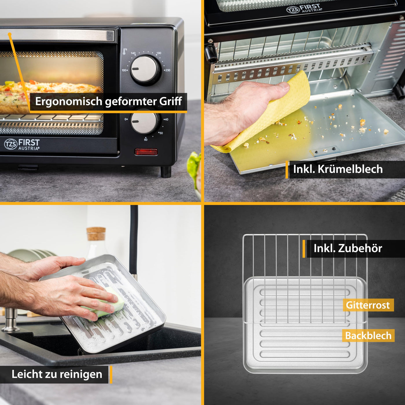 TZS First Austria 10 Liter Minibackofen, 800 Watt, bis 230 Grad, stufenlose Temperaturregelung, 60 Minuten Timer, 2 Einschubhöhen, Doppelglastür, Mini Ofen