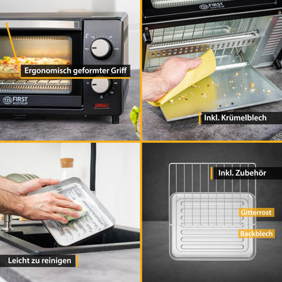 TZS First Austria 10 Liter Minibackofen, 800 Watt, bis 230 Grad, stufenlose Temperaturregelung, 60 Minuten Timer, 2 Einschubhöhen, Doppelglastür, Mini Ofen