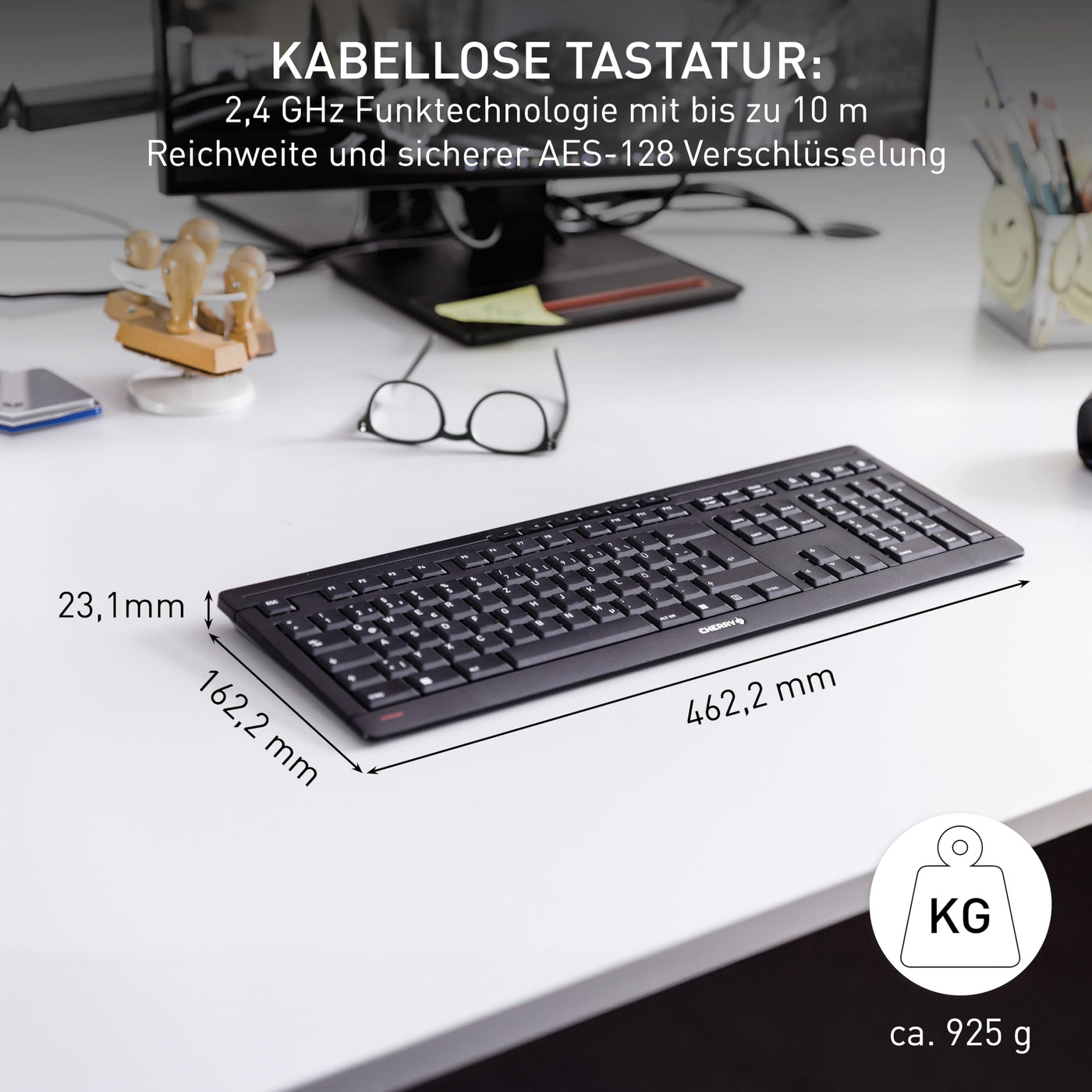 CHERRY STREAM KEYBOARD WIRELESS, Kabellose Tastatur, EU-Layout (QWERTY), 2,4 GHz Funk, Leise Tasten, Flaches Design, Batteriebetrieben, Schwarz