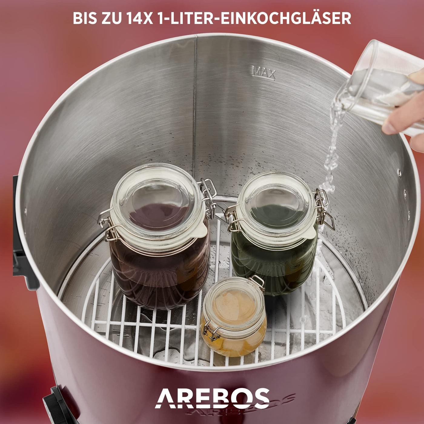 Conservateur Arebos 2500 W | Marmite à conserves 28 L | avec thermostat et protection contre la surchauffe | réglage continu de la température 30-110°C | fabricant de vin chaud | avec lève-bocal et entonnoir de conservation | Rouge