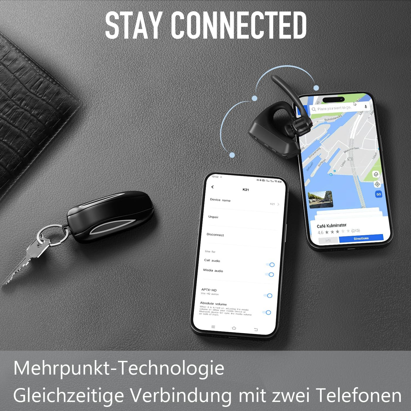 Conambo Headset Bluetooth V5.2,Wireless Bluetooth Freisprech Headset mit CVC 8.0 und ENC Dual Mic Noise Cancelling,70 Std Spielzeit mit Ladecase,Bluetooth Ohr für Autofahren/Büro/Geschäft