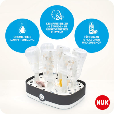 NUK Vario Express Flaschensterilisator|sterilisiert bis zu 6 Babyflaschen plus Zubehör in 6 Minuten auf Wasserdampfbasis|automatische Abschaltung|herausnehmbarer Korb & versetzbare Stäbe | EU-Stecker