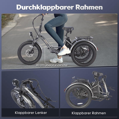 Fafrees E Bike Dreirad F20 Mate, Ebike Klapprad 20"*3.0 Zoll, Lastenfahrrad für Erwachsene 48V 18.2Ah Akku, e Bike 3 Rad 65N.m 25km/h, Dreirad für senioren (Kleiner hinterer Korb, Grau)